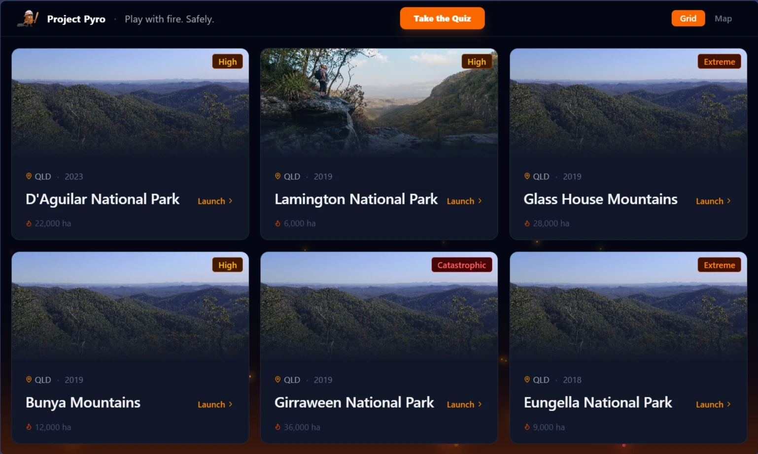Scenario selection screen showing 6 real Queensland bushfire scenarios