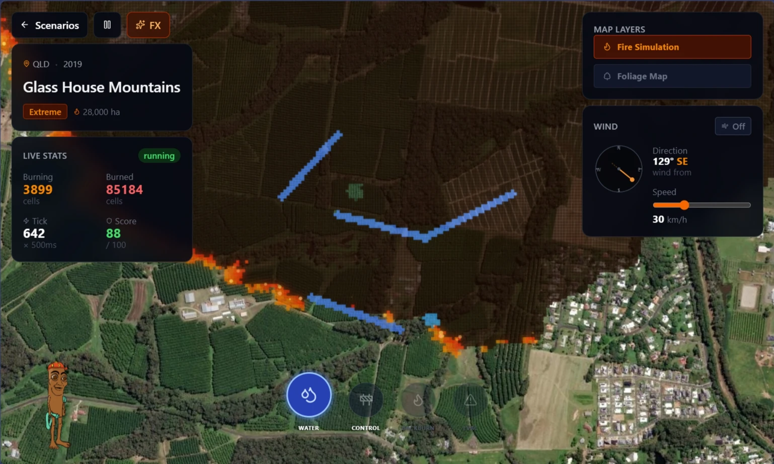 Late-stage fire simulation with control lines placed against an advancing fire front